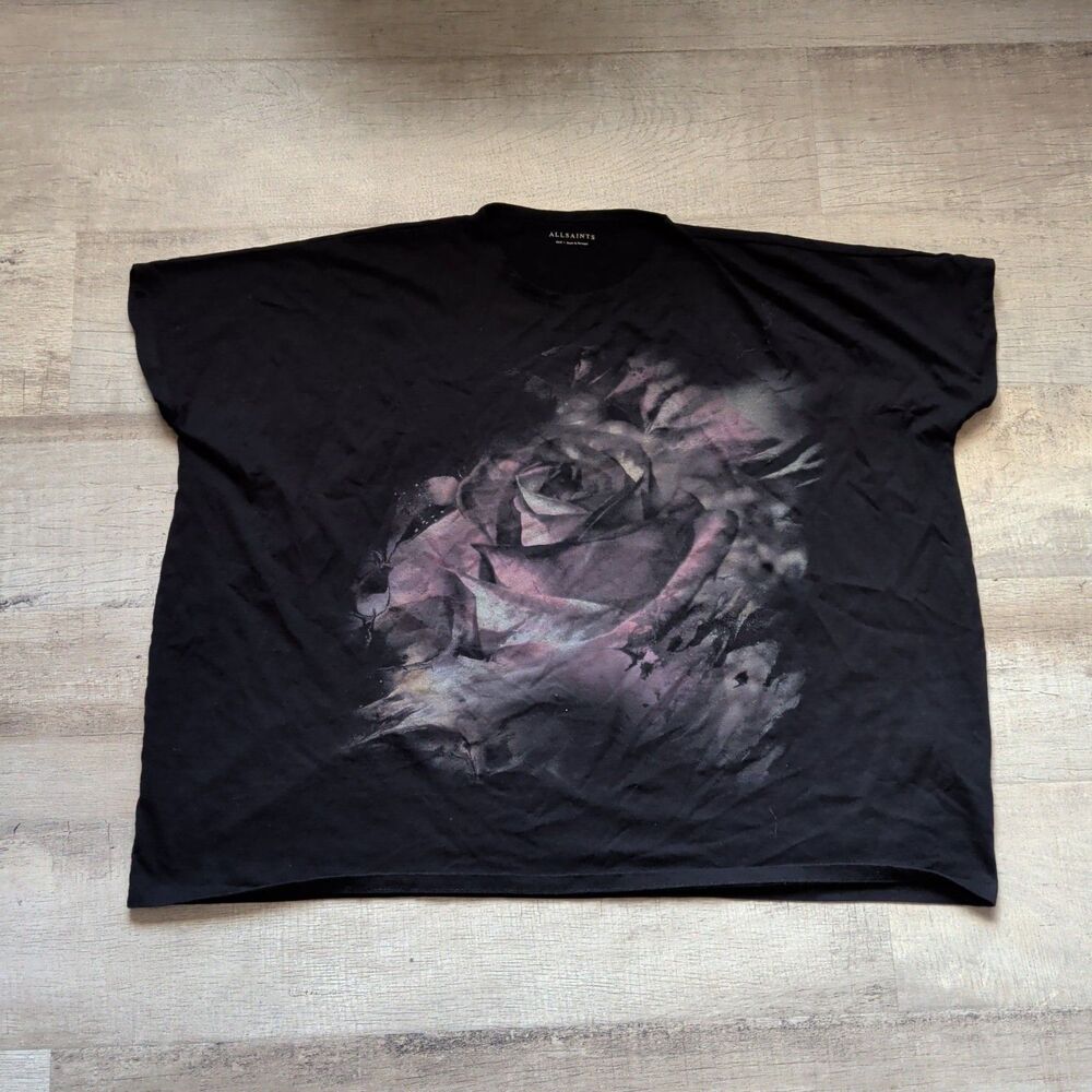 ​AllSaints Rose Graphic T-Shirt XS/S Black Purple Oversized Boxy Slouchy Tee
